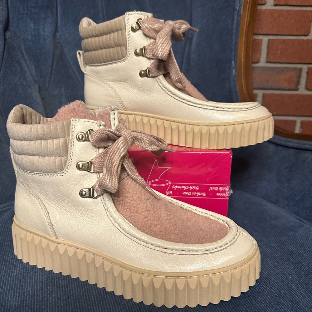Sam Edelman Cream and Pink Lace Up Boots with Platform Sole